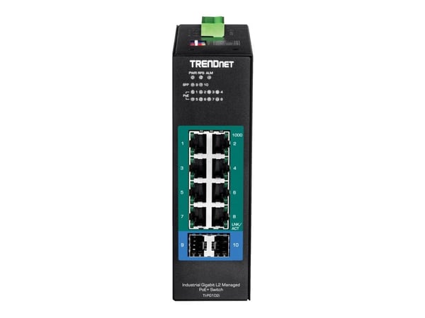 TRENDnet TI-PG102I - Switch - Styrt - 8 x 10/100/1000 (PoE+) + 2 x Gigabit SFP - DIN-skinnemonterbar - PoE+ (240 W) - likestrøm - TAA-samsvar