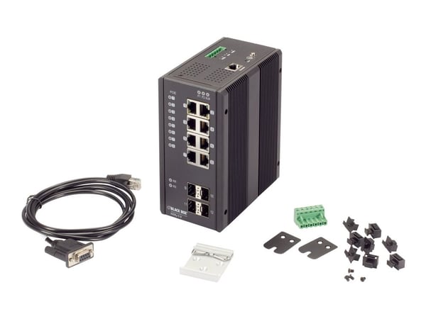 Black Box Industrial Managed Ethernet PoE+ Switch - Switch - Styrt - 8 x 10/100/1000 (PoE+) + 4 x SFP - stasjonær, DIN-skinnemonterbar, veggmonterb...