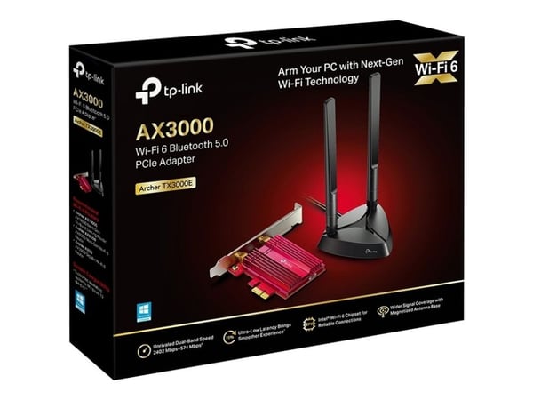 TP-Link Archer TX3000E, Sisäinen, Langaton, PCI Express, WLAN / Bluetooth, 2402 Mbit/s, Musta, Punainen
