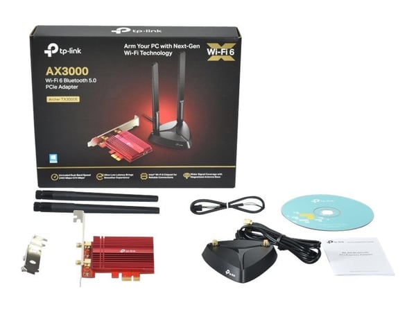 TP-Link Archer TX3000E, Sisäinen, Langaton, PCI Express, WLAN / Bluetooth, 2402 Mbit/s, Musta, Punainen