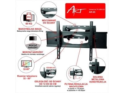 ART AR-65 - Monteringssats (väggfäste, kontakthållare, 2 vridbara armar) - för platt panel - metall - svart pulverlack - skärmstorlek: 32"-60" - vä...