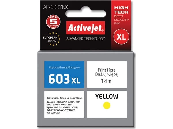 Activejet tusz do Epson 603XL AE-603YNX, Høyt (XL) utbytte, Fargestoffbasert blekk, 14 ml, 1 stykker, Enkeltpakke