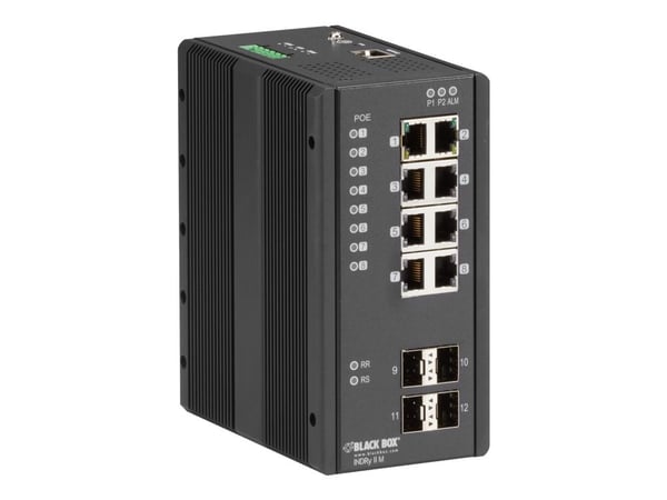 Black Box Industrial Managed Ethernet PoE+ Switch - Switch - Styrt - 8 x 10/100/1000 (PoE+) + 4 x SFP - stasjonær, DIN-skinnemonterbar, veggmonterb...