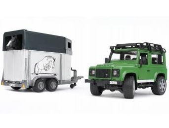 Bruder Land Rover Defender Station Wagon with horse trailer and horse toy