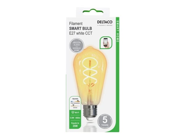 DELTACO SMART HOME - LED-filamentlyspære - form: ST64 - E27 - 5.5 W (ekvivalent 35 W) - klasse G - hvitt lys - 1800-6500 K