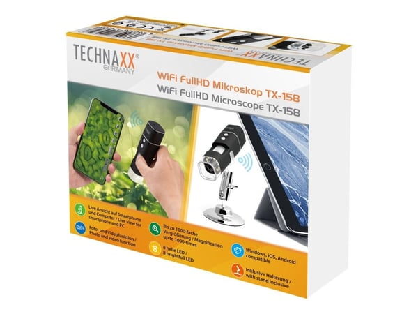 Technaxx TX-158 - Mikroskop - håndholdt - farge - 1920 x 1080 - 1080p - fastfokal - trådløs - Wi-Fi - USB 2.0