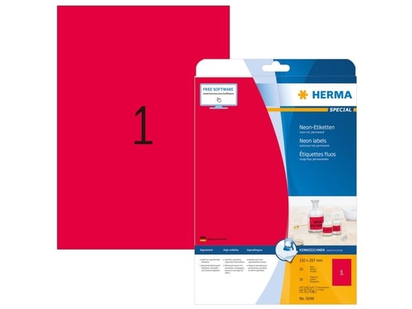 HERMA Special - Papir - matt - permanent selv-adhesiv - lysende rød - A4 (210 x 297 mm) 20 etikett(er) fluorescerende etiketter