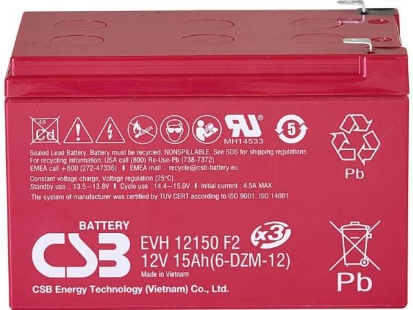 CSB Battery EVH 12150 Blybatteri 12 V 15 Ah Blyfleece (B x H x D) 151 x 102 x 98 mm Flatplugg 6,35 mm Syklusstabilt, vedlikeholdsfritt, lav selvutl...