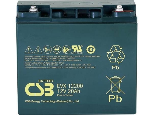 CSB Battery EVX 12200 blybatteri 12 V 20 Ah blyfleece (B x H x T) 181 x 167 x 76 mm M5 skrutilkobling syklusstabilt, vedlikeholdsfritt, lav selvutl...