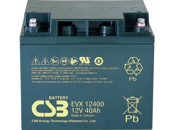 CSB batteri EVX 12400 blybatteri 12 V 40 Ah blyfleece (B x H x T) 197 x 170 x 165 mm M5 skrutilkobling syklusstabilt vedlikeholdsfritt lav selvutla...