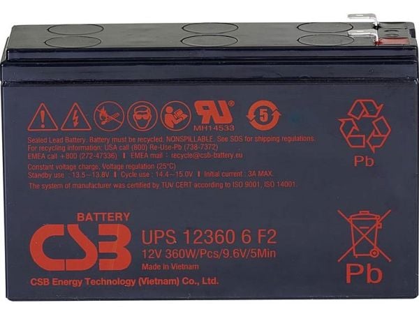 CSB Battery UPS 123606 vedlikeholdsfritt blybatteri 12 V 7 Ah blyfleece (151 x 99 x 51 mm) flatstift 6,35 mm