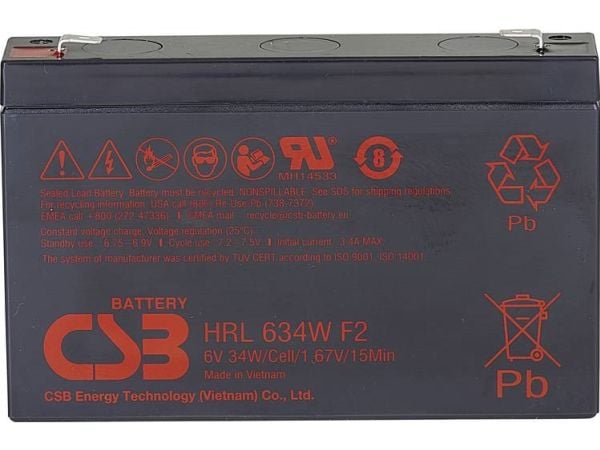 CSB HRL634W, Forseglet blysyre (VRLA), 6 V, Blå, Lilla, 34 Wh, ISO 9001, ISO 14001, 1,32 kg