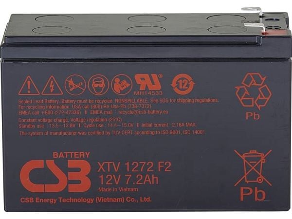 CSB-akku XTV1272 XTV1272 Lyijyakku 12 V 7,2 Ah Lyijyakku (B x K x S) 151 x 99 x 65 mm Litteä liitin 6,35 mm Huoltovapaa, vähäinen itsepurkautuminen