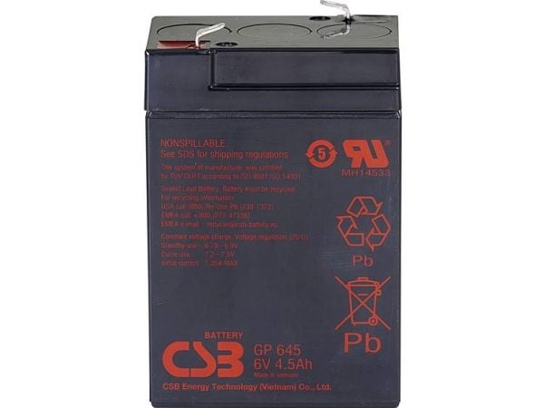 CSB Battery GP 645 standby UPS blybatteri 6 V 4,5 Ah bly 70 x 107 x 48 mm flatkontakt 4,8 mm vedlikeholdsfritt lav selvutlading