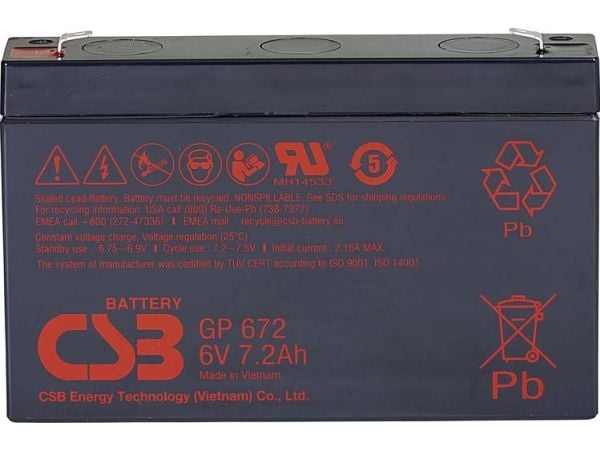 CSB Battery GP 672 standby UPS blybatteri 6 V 7,2 Ah blyfleece (B x H x T) 151 x 101 x 34 mm, flattstift 4,8 mm / 6,35 mm, vedlikeholdsfritt