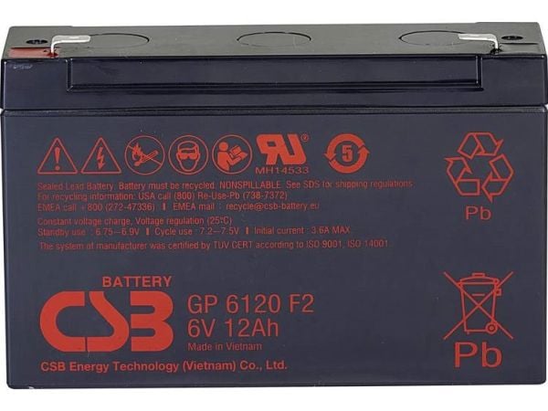 CSB batteri GP 6120 standby - blybatteri 6 V 12 Ah blyfleece (B x H x T) 151 x 101 x 50 mm - flatt stikk 4,8 mm/6,35 mm - vedlikeholdsfritt