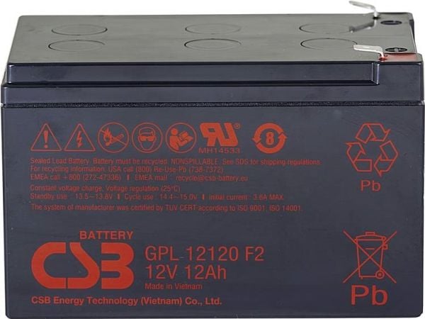 CSB Battery GPL 12120 blybatteri 12 V 12 Ah blyfleece 151 x 100 x 98 mm flatstift 6,35 mm vedlikeholdsfritt lav selvutlading