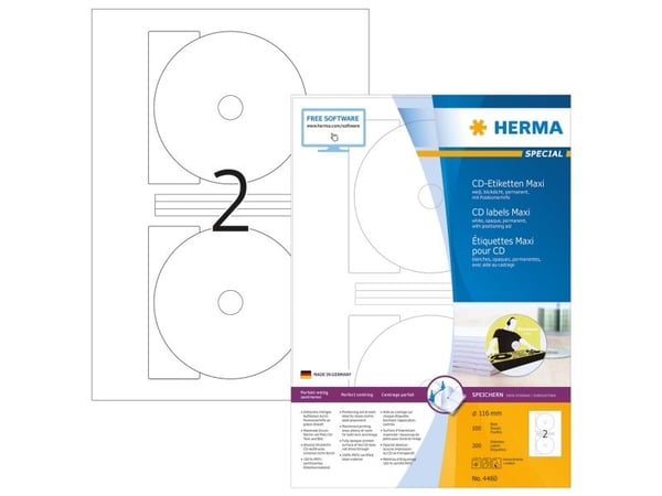 HERMA Special Maxi - Papir - matt - permanent selvklebende - hvit - 116 mm rund 200 etikett(er) (100 ark x 2) ugjennomsiktige CD/DVD-etiketter