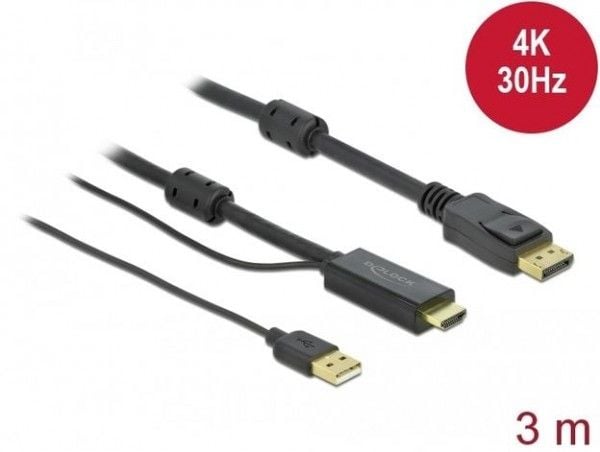 Delock - Video/lydkabel - HDMI, USB (kun strøm) hann til DisplayPort hann - 3 m - trippel beskyttelse - svart - 4K-støtte