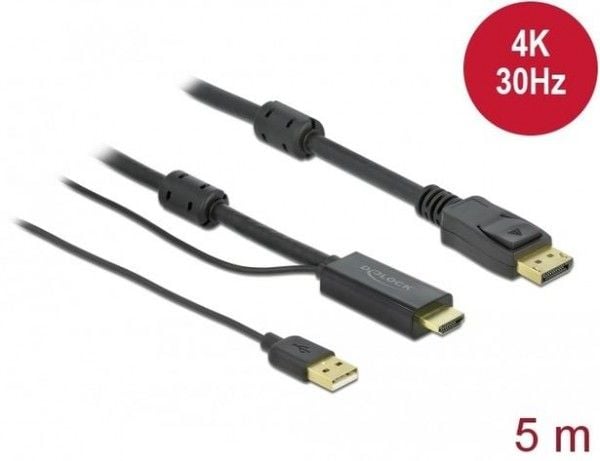 Delock - Video/lydkabel - HDMI, USB (kun strøm) hann til DisplayPort hann - 5 m - trippel beskyttelse - svart - 4K-støtte