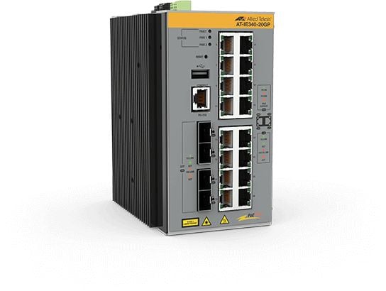 Allied Telesis AT IE340-20GP - Switch - L3 - Styrt - 8 x 10/100/1000 (PoE+) + 8 x 10/100/1000 (PoE) + 4 x Gigabit SFP - DIN-skinnemonterbar, veggmo...