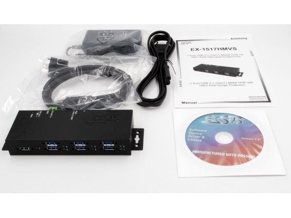 EXSYS EX-1517HMVS, USB 3.2 Gen 1 (3.1 Gen 1) Typ-A,USB Typ-B, 5000 Mbit/s, svart, metall, strömförsörjning, Taiwan