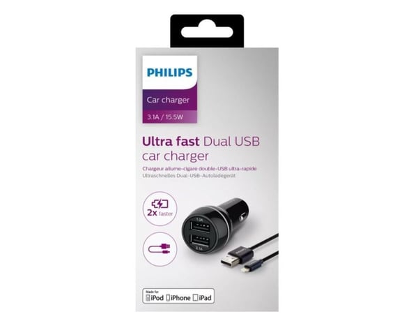 Philips DLP2220 - Strømadapter - 15.5 watt - 3.1 A - Ultra Fast Charge - 2 utgangskontakter (USB)
