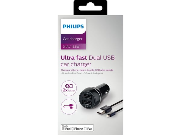 Philips DLP2220 - Strømadapter - 15.5 watt - 3.1 A - Ultra Fast Charge - 2 utgangskontakter (USB)
