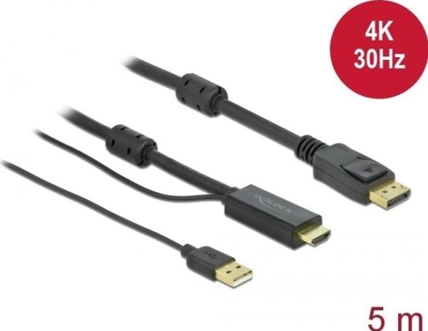 Delock - Video/lydkabel - HDMI, USB (kun strøm) hann til DisplayPort hann - 5 m - trippel beskyttelse - svart - 4K-støtte