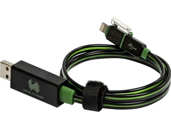 RealPower USB A/Lightning 0.75m, 0,75 m, Lightning, USB A, Musta, Vihreä, Suora, Suora