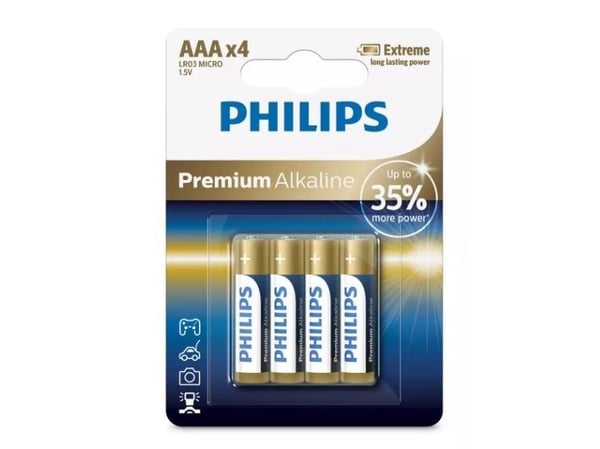 Philips Premium Alkaline Batteri LR03M4B/10, Engangsbatteri, AAA, Alkalinsk, 1,5 V, 4 stykker, Cd (kadmium), Hg (kvikksølv), Pb (bly)