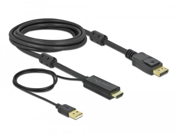 Delock - Video/lydkabel - HDMI, USB (kun strøm) hann til DisplayPort hann - 3 m - trippel beskyttelse - svart - 4K-støtte