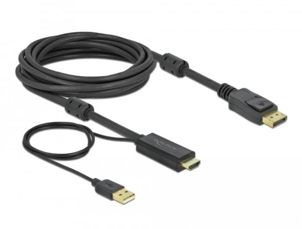Delock - Video/lydkabel - HDMI, USB (kun strøm) hann til DisplayPort hann - 5 m - trippel beskyttelse - svart - 4K-støtte