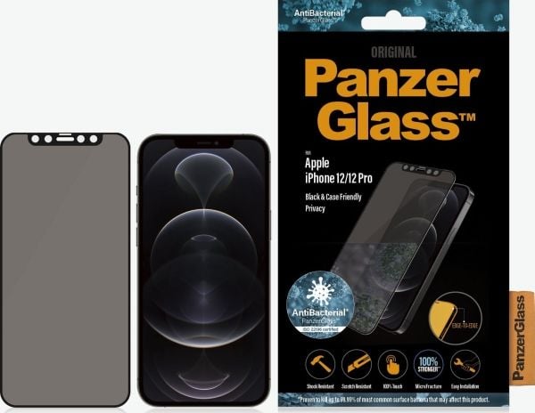 PanzerGlass™ | Sekretess- och fodralvänlig - Skärmskydd för mobiltelefon - Kant-till-kant passform - Ramfärg svart | Apple iPhone 12/12 Pro