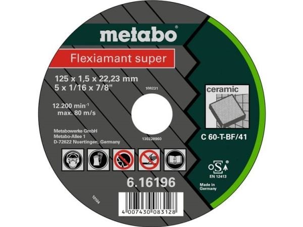 Metabo 616196000, Klippskiva, Platt i mitten, Keramiska, Varje varumärke, 12,5 cm, Svart