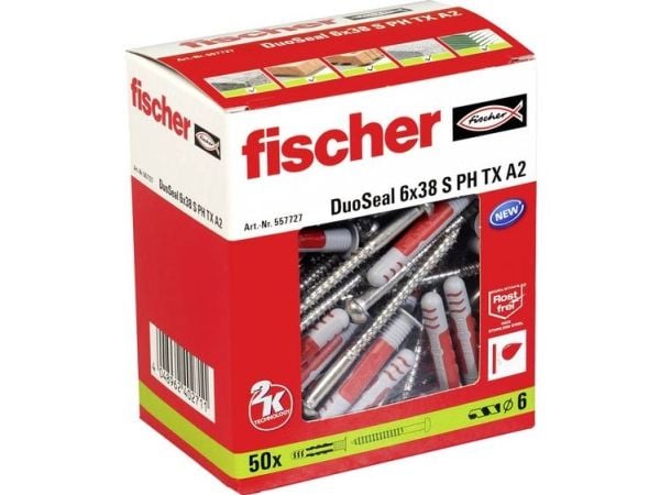 Fischer DuoSeal, Veggplugg, Nylon, Grå, Rød, 3,8 cm, 6 mm, 50 stykker