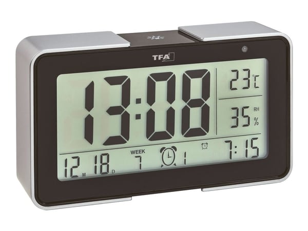 TFA - Alarmklokke - rektangulær - elektronisk - skrivebord - svart, sølv