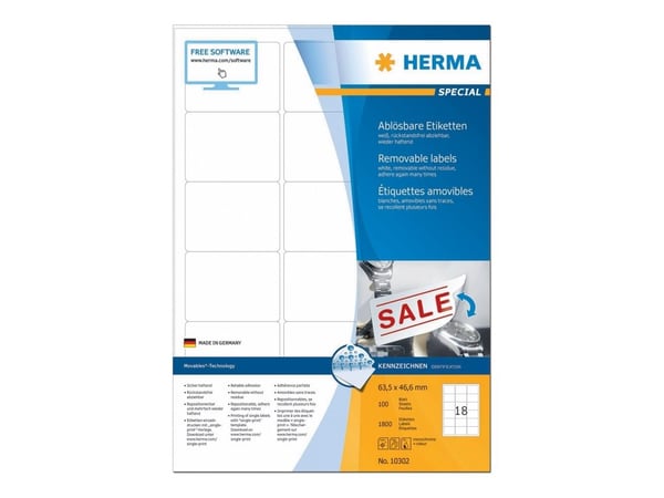 HERMA Special - Papir - matt - fjernbart selv-adhesiv - hvit - 63.5 x 46.6 mm 1800 etikett(er) (100 ark x 18) merkelapper