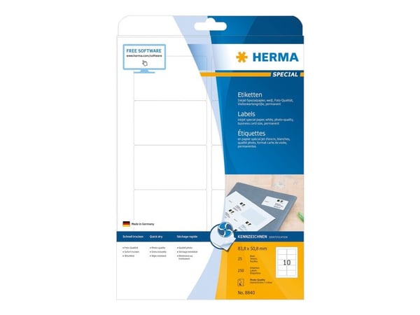 HERMA Special - Papir - matt - permanent selv-adhesiv - belagt - hvit - 83.8 x 50.8 mm - 90 g/m² - 250 etikett(er) (25 ark x 10) adresselapper