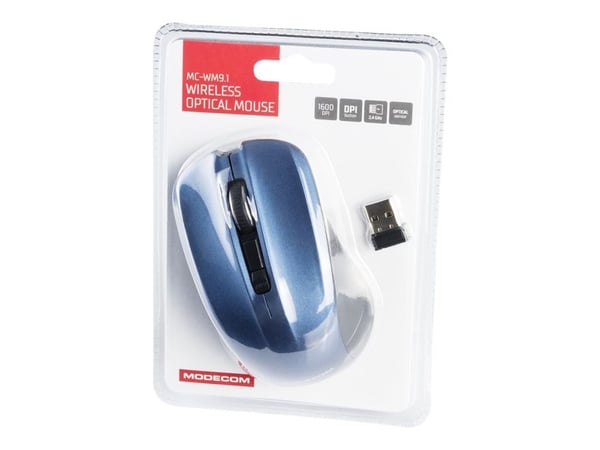 Modecom MC-M9.1, Molempikätinen, Optinen, USB A-tyyppi, 1600 DPI, Musta, Sininen
