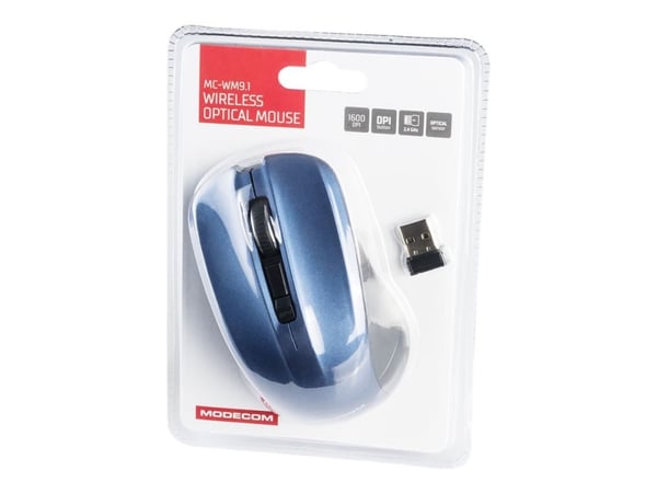 ModeCom MC-WM9.1 - Mus - ergonomisk - optisk - 4 knapper - trådløs - 2.4 GHz - USB trådløs mottaker - svart og blå