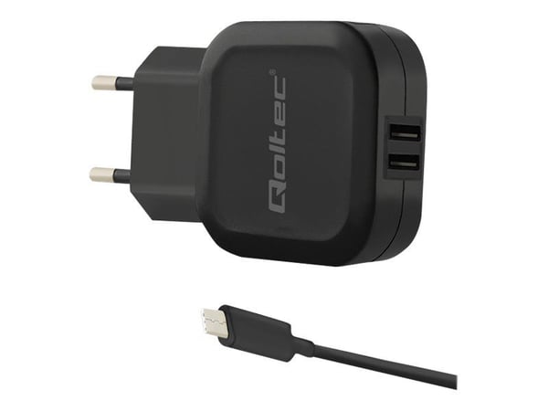 Qoltec - Strømadapter - 17 watt - 3.4 A - 2 utgangskontakter (2 x USB) - på kabel: USB-C - svart