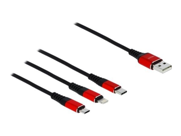 DeLOCK 85892, 1 m, USB A, USB C/Micro-USB B/Lightning, USB 2.0, Musta, Punainen