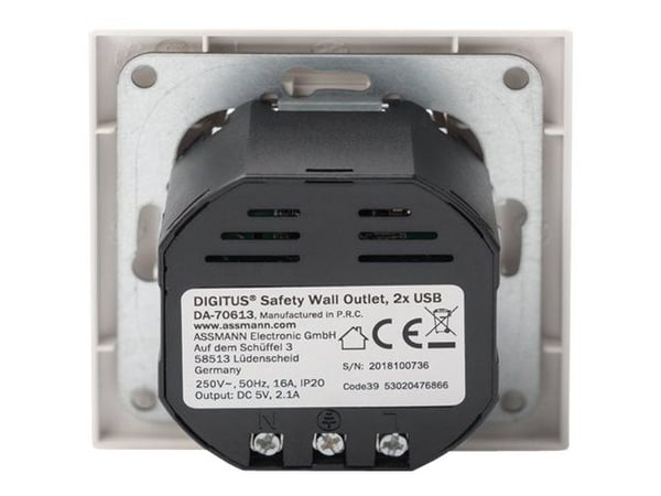 Digitus DA-70613, 2x USB, Valkoinen, 250 V, 50 Hz, 5 V, 2,1 A