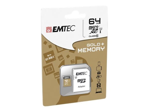 EMTEC Gold+ - Flashminnekort (SD-adapter inkludert) - 64 GB - Class 10 - microSD - gull