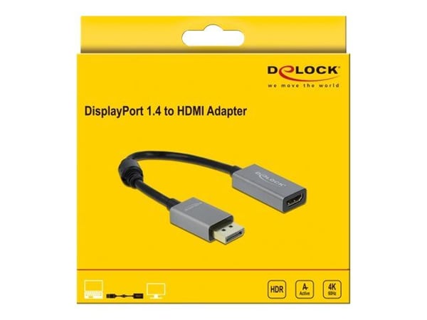 Delock - Video adapter - DisplayPort hann til HDMI hunn - 20 cm - grå, svart - 4K-støtte, aktiv