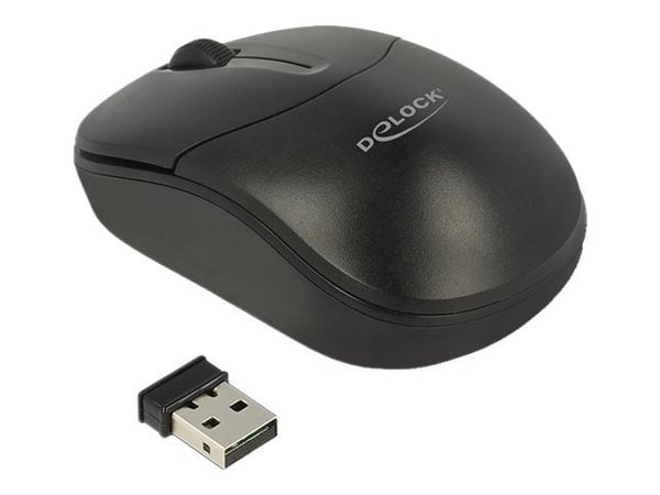 Delock - Mus - høyre- og venstrehåndet - optisk - 3 knapper - trådløs - 2.4 GHz - USB trådløs mottaker - svart - løsvekt