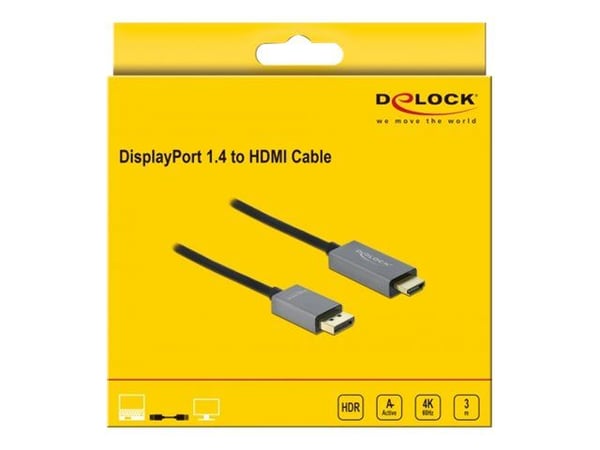 Delock - Adapterkabel - DisplayPort hann til HDMI hann - 2 m - grå, svart - 4K-støtte, aktiv