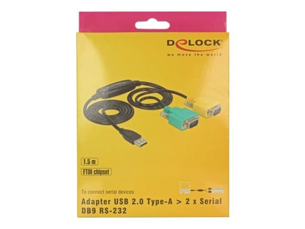 Delock Adapter USB 2.0 Type-A > 2 x Serial DB9 RS-232 - USB / seriell-kabel - USB (hann) til DB-9 (hann) - 1.5 m - tommelskruer - svart, gul, grønn