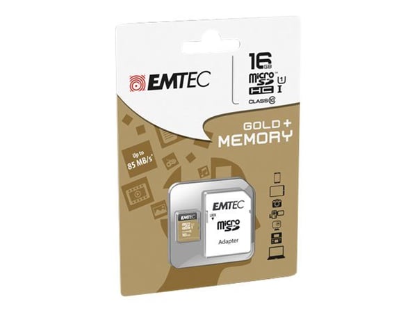 EMTEC Gold+ - Flashminnekort (SD-adapter inkludert) - 16 GB - Class 10 - microSD - gull